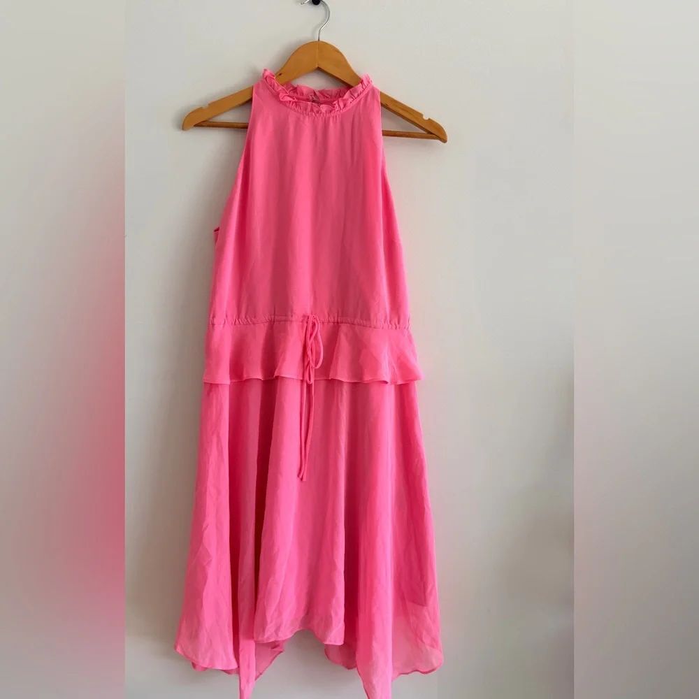 Sam Edelman Pink Chiffon Knee Length Dress Ruffle Neck Tie Waist Romantic 4